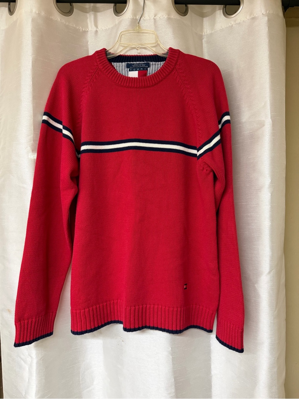 Tommy Hilfiger Red Crewneck Sweater with Navy & White Stripes